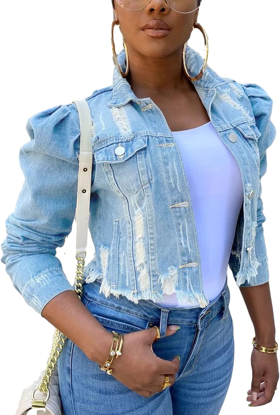 AMEBELLE Jean Jacket for Women Long Puff Sleeve Distressed Crop Denim Jackets Top - Image 8