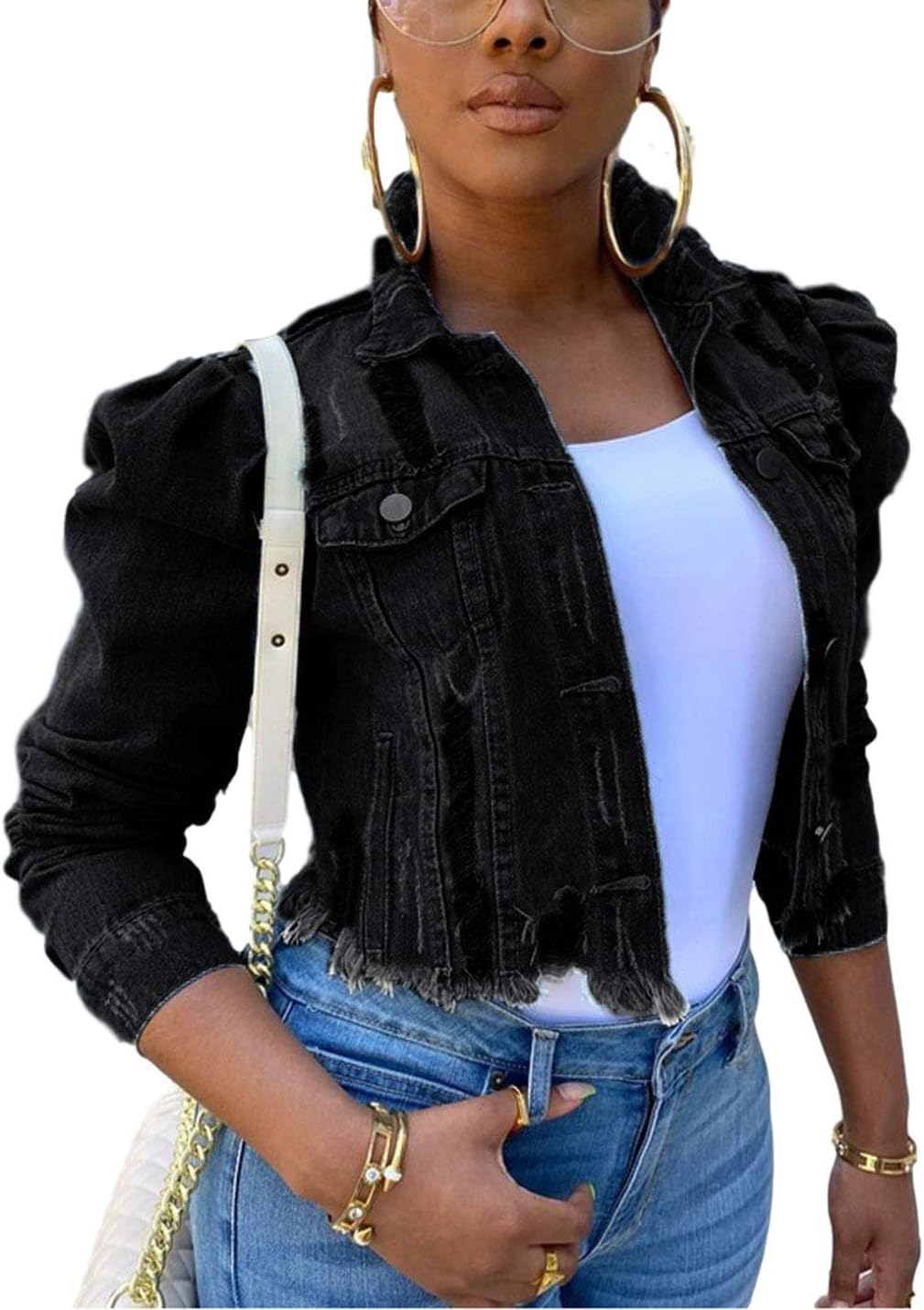 AMEBELLE Jean Jacket for Women Long Puff Sleeve Distressed Crop Denim Jackets Top - Image 9