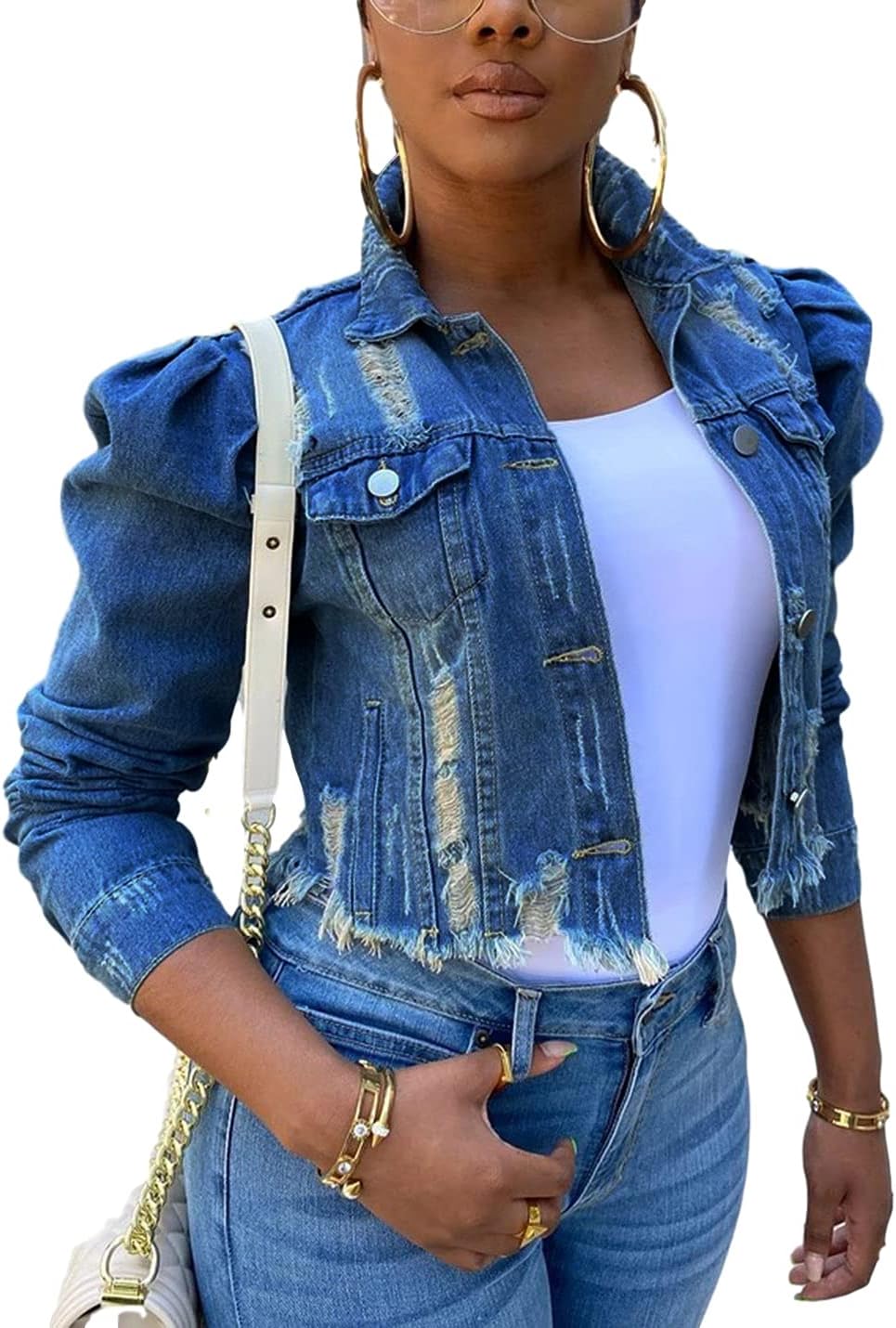 AMEBELLE Jean Jacket for Women Long Puff Sleeve Distressed Crop Denim Jackets Top - Image 7