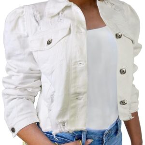 AMEBELLE Jean Jacket for Women Long Puff Sleeve Distressed Crop Denim Jackets Top