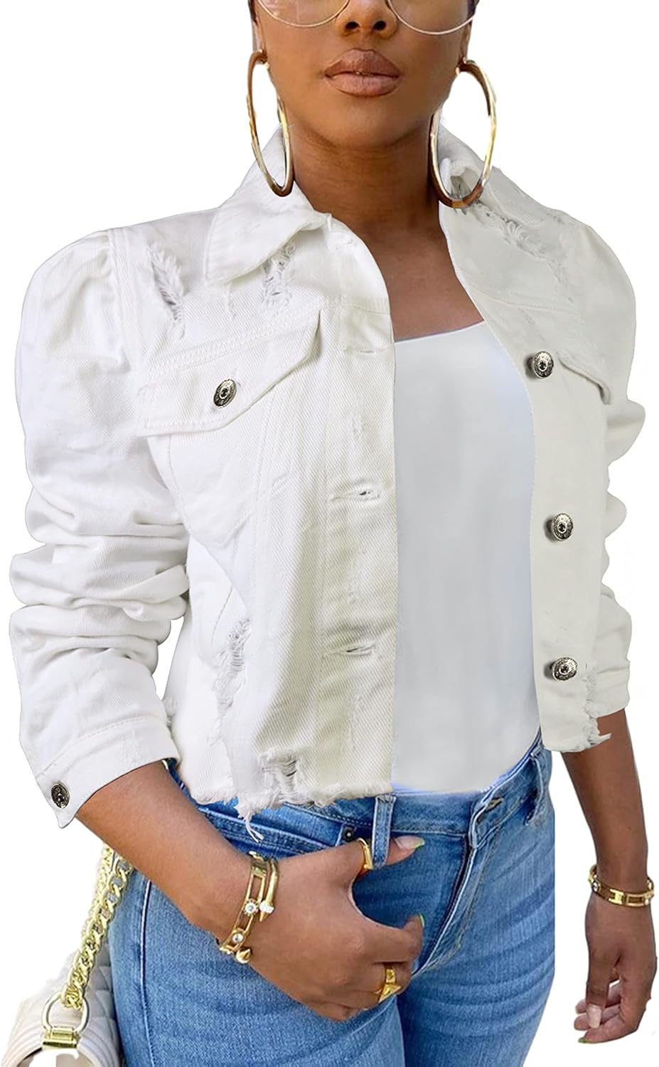 AMEBELLE Jean Jacket for Women Long Puff Sleeve Distressed Crop Denim Jackets Top