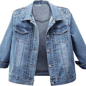 AMEBELLE Women's 3\/4 Sleeve Strech Distress Slim Crop Denim Jean Trucker Jacket