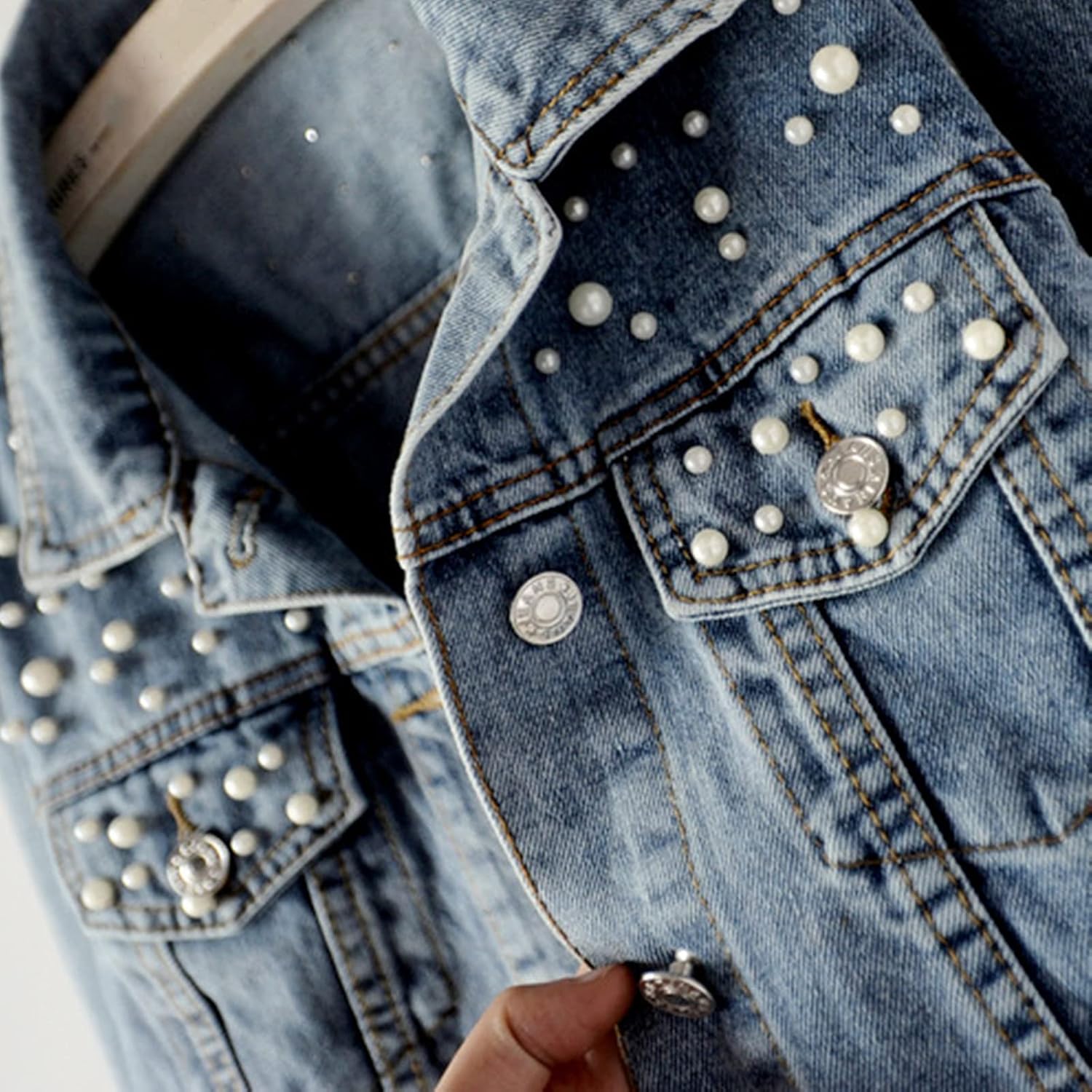 Ankecity Oversize Pearl Embroidered Women's Ripped Distressed Casual Long Sleeve Denim Jacket Coat - Image 3