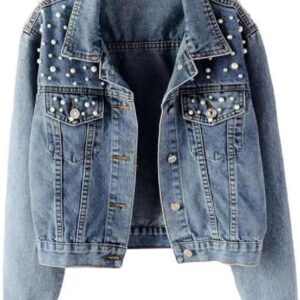 Ankecity Oversize Pearl Embroidered Women's Ripped Distressed Casual Long Sleeve Denim Jacket Coat