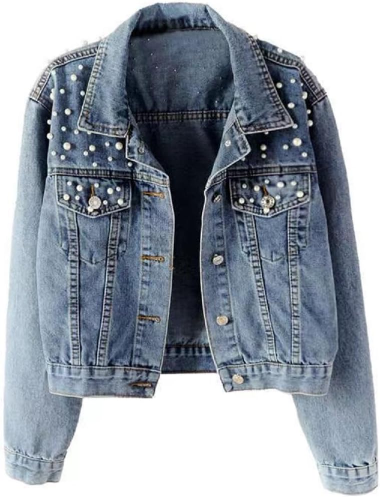 Ankecity Oversize Pearl Embroidered Women's Ripped Distressed Casual Long Sleeve Denim Jacket Coat