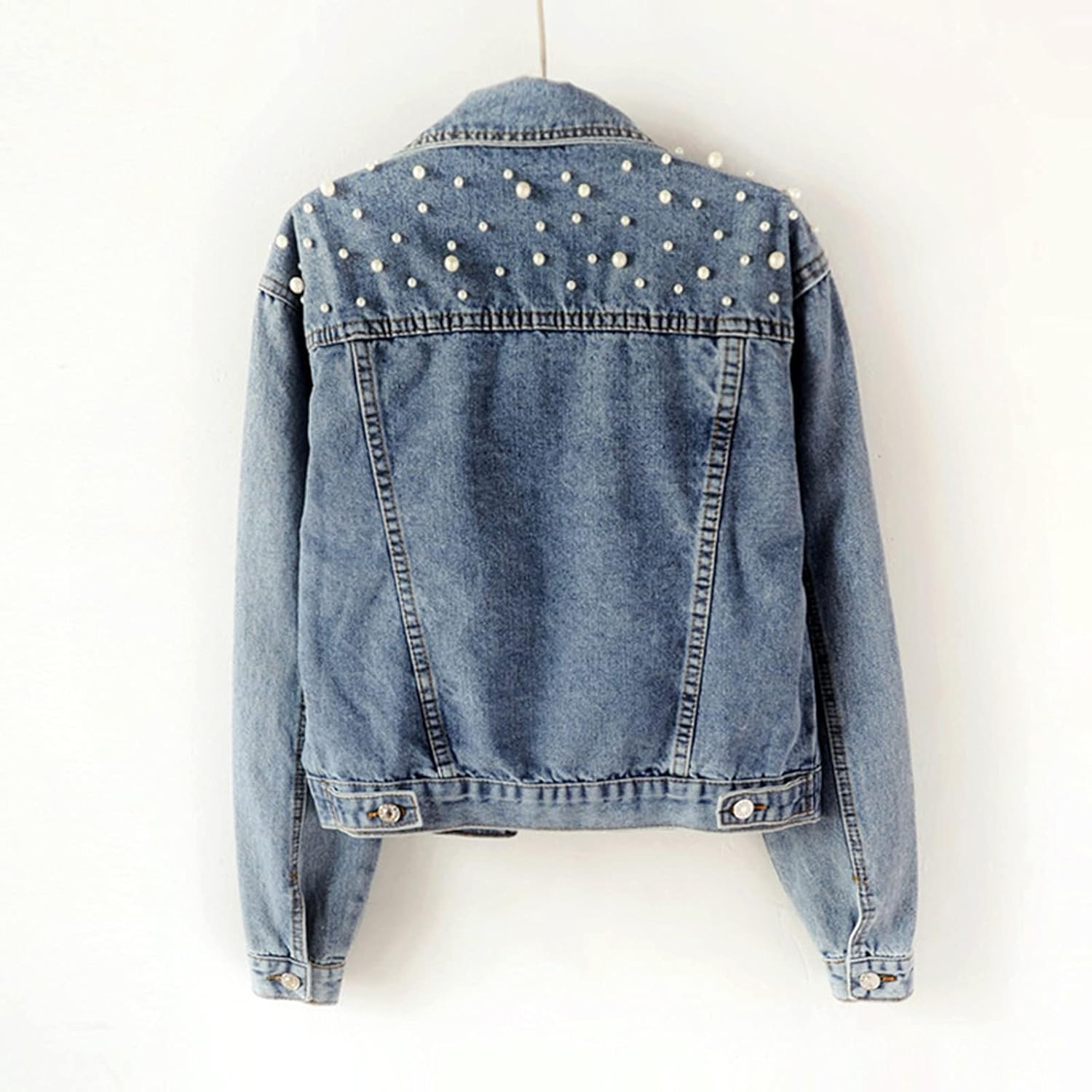 Ankecity Oversize Pearl Embroidered Women's Ripped Distressed Casual Long Sleeve Denim Jacket Coat - Image 6