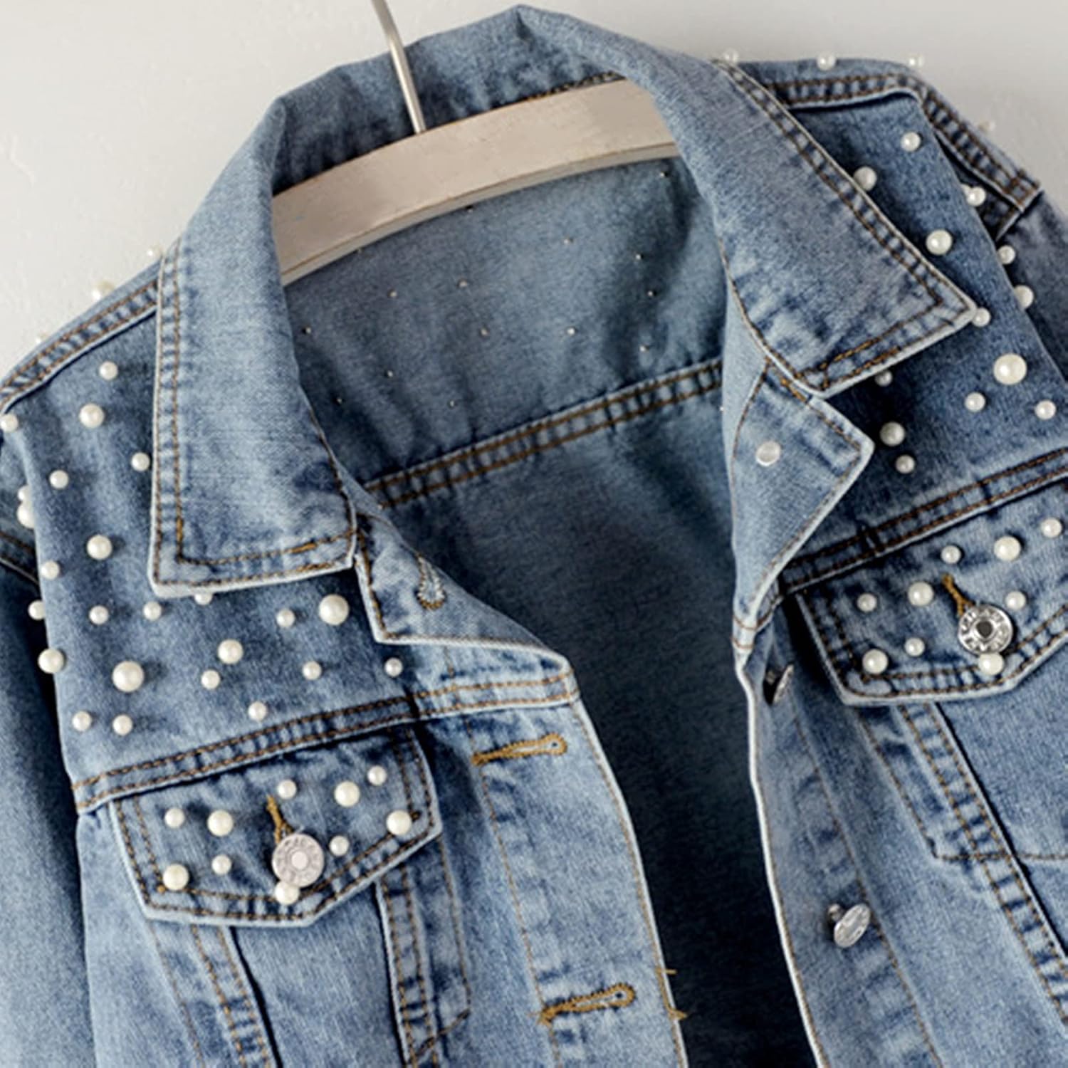 Ankecity Oversize Pearl Embroidered Women's Ripped Distressed Casual Long Sleeve Denim Jacket Coat - Image 4