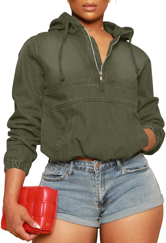 Aomice Women's Half Zip Denim Hoodie Pullover Jackets Jean Tops - Image 12