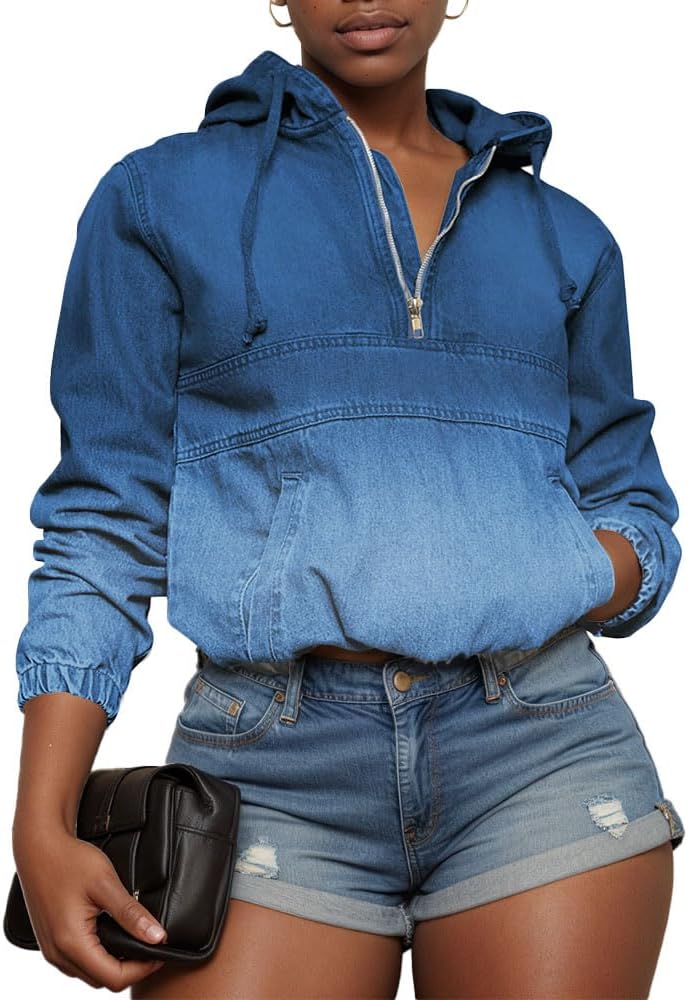 Aomice Women's Half Zip Denim Hoodie Pullover Jackets Jean Tops - Image 7
