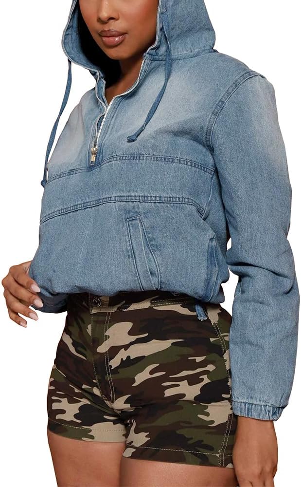 Aomice Women's Half Zip Denim Hoodie Pullover Jackets Jean Tops - Image 4