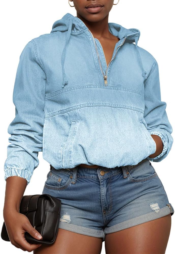 Aomice Women's Half Zip Denim Hoodie Pullover Jackets Jean Tops - Image 6