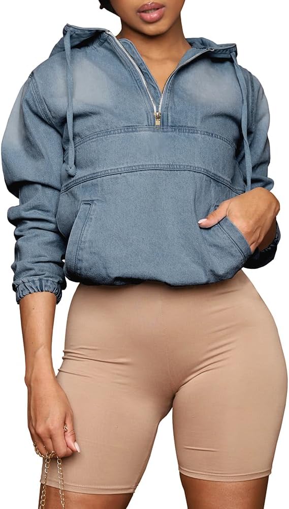 Aomice Women's Half Zip Denim Hoodie Pullover Jackets Jean Tops - Image 3