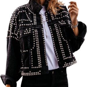 APAFES Women's Fashion Crop Fringe Denim Jacket Distressed Western Studded Black Trucker Jacket