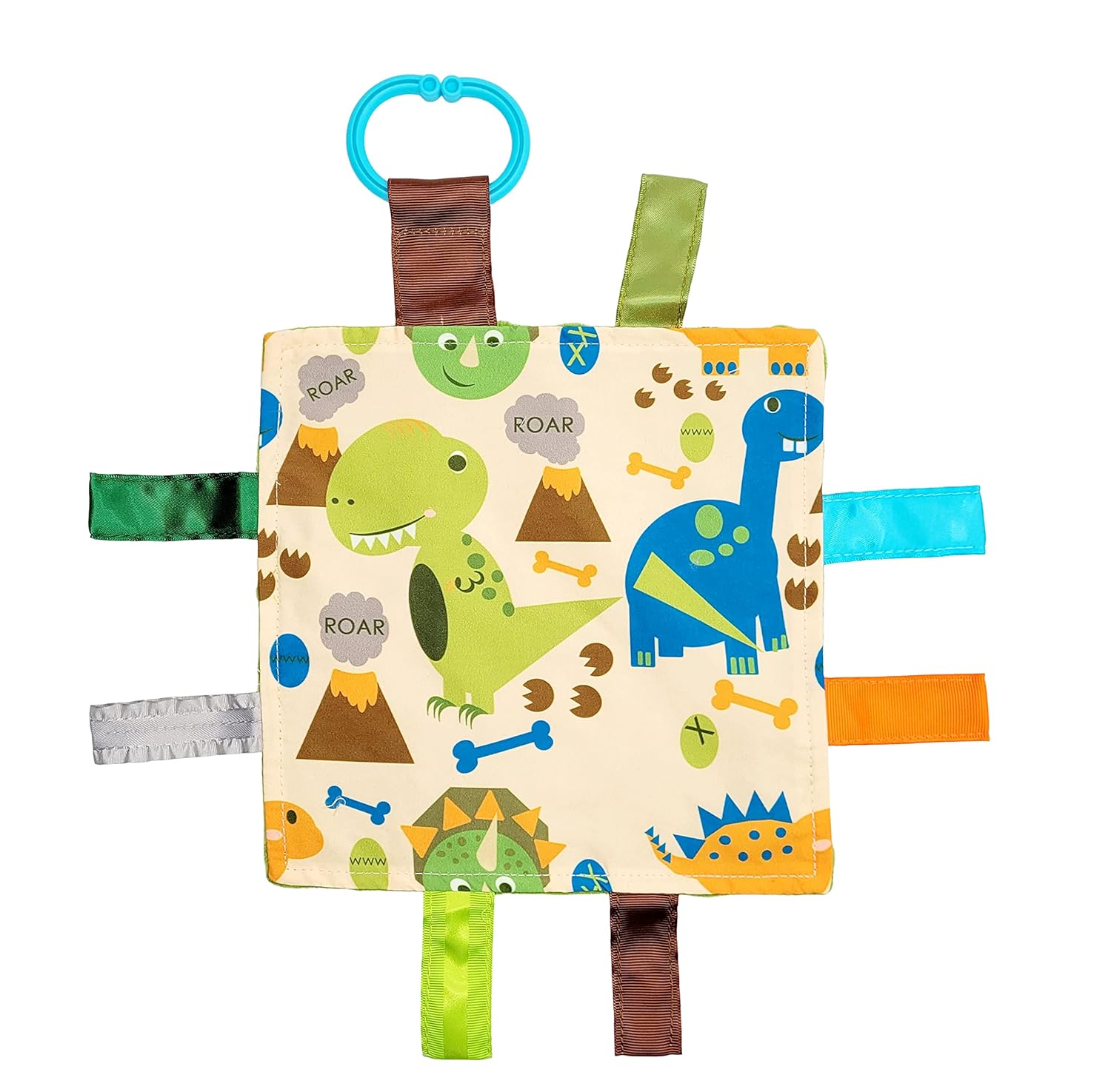 Baby Sensory Crinkle & Teething Square Lovey Toy with Closed Ribbon Tags for Increased Stimulation: 8"X8" (Dinosaurs)