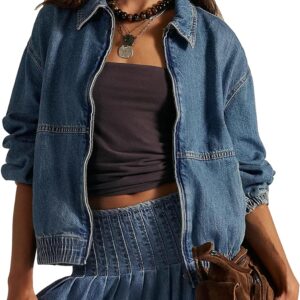 Bell Princess Womens Denim Jackets Long Sleeve Zip Up Elastic Hem Classic Loose Jean Bomber Jacket Outfit