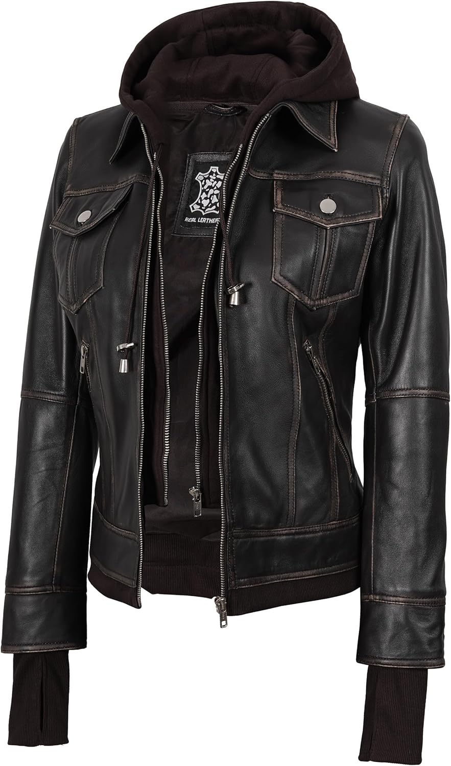 Blingsoul Leather Bomber Jacket Women - Real Lambskin Womens Leather Jackets with Removable Hood - Image 14