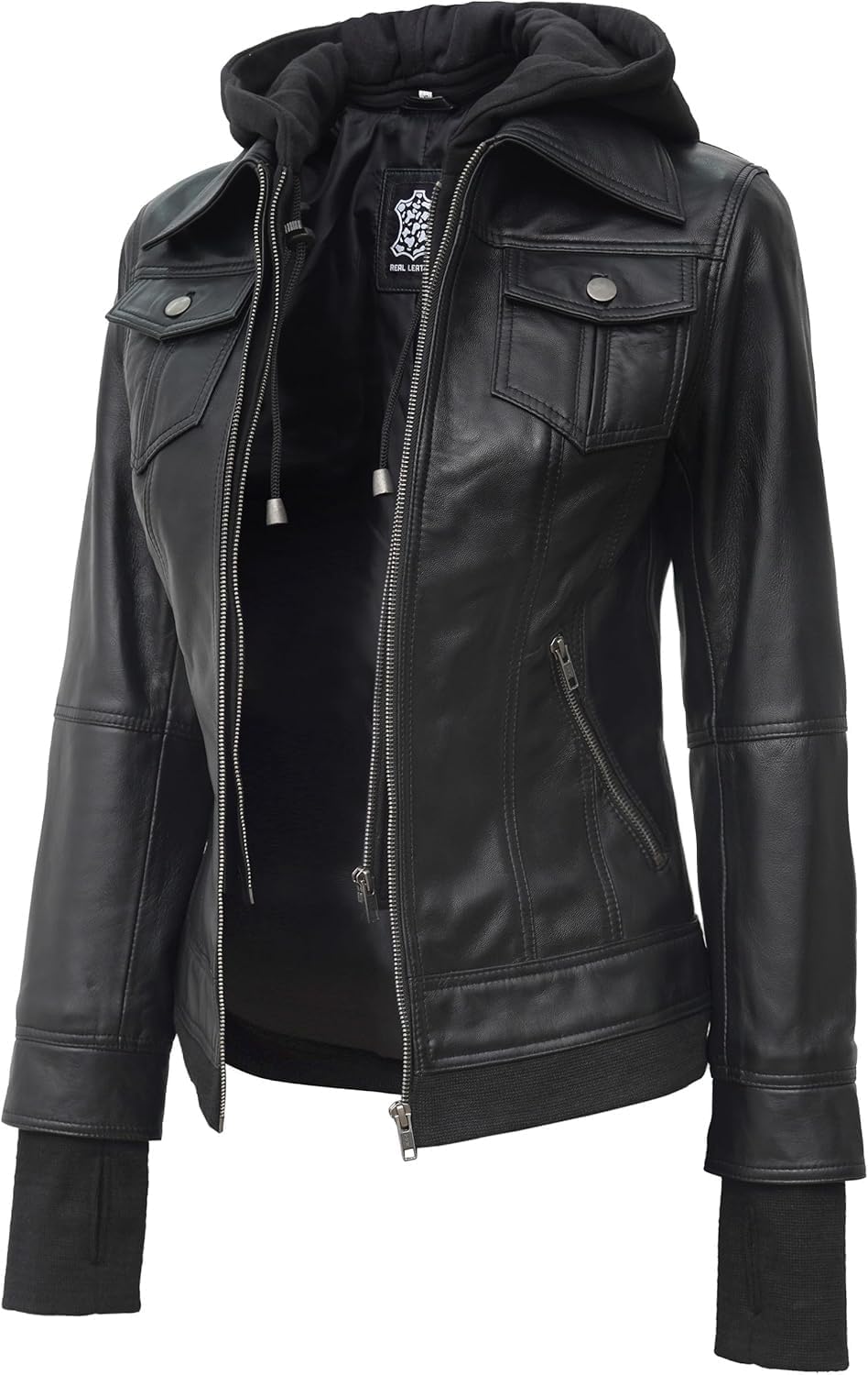 Blingsoul Leather Bomber Jacket Women - Real Lambskin Womens Leather Jackets with Removable Hood - Image 8