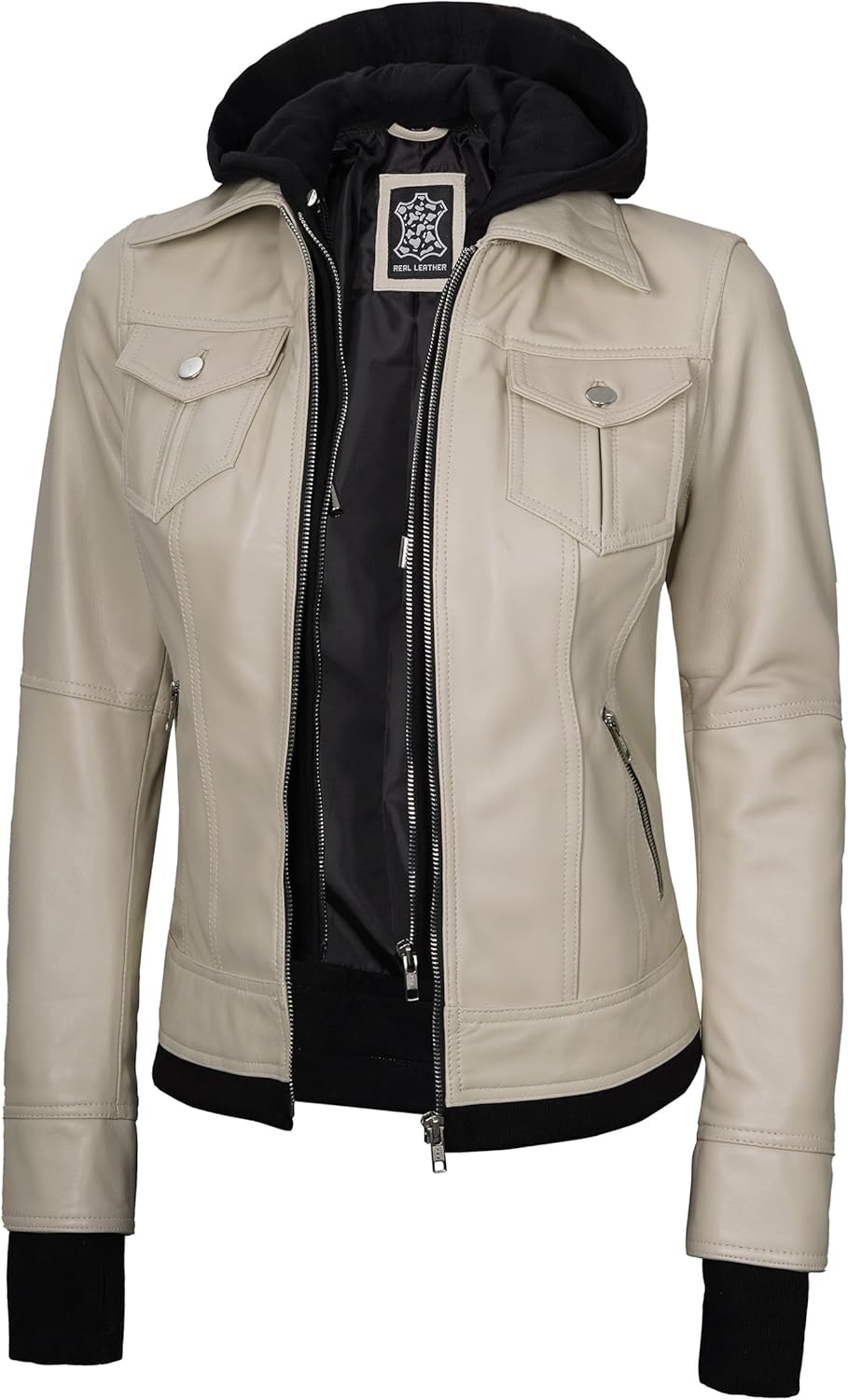 Blingsoul Leather Bomber Jacket Women - Real Lambskin Womens Leather Jackets with Removable Hood - Image 15