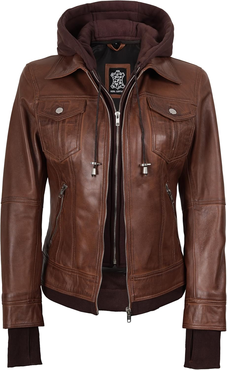 Blingsoul Leather Bomber Jacket Women - Real Lambskin Womens Leather Jackets with Removable Hood - Image 5