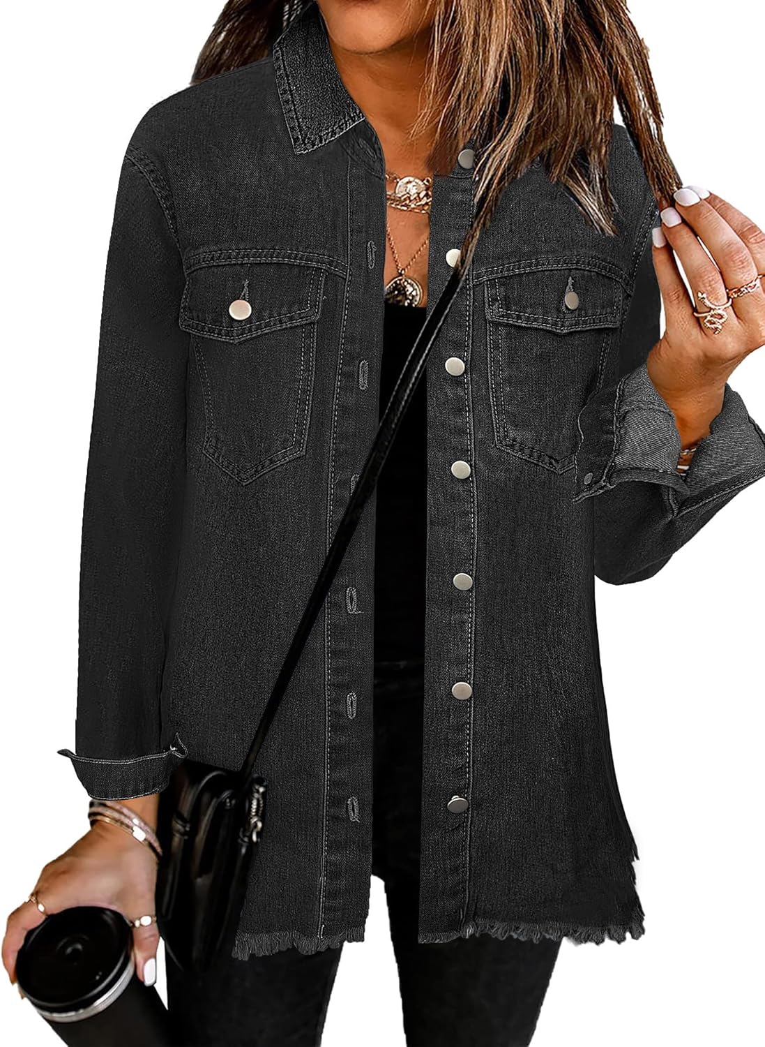 Bosmeer Women's Oversized Jean Jacket Casual Long Sleeve Denim Shirts Distressed Frayed Hem Denim Jackets Fall Outfits 2025