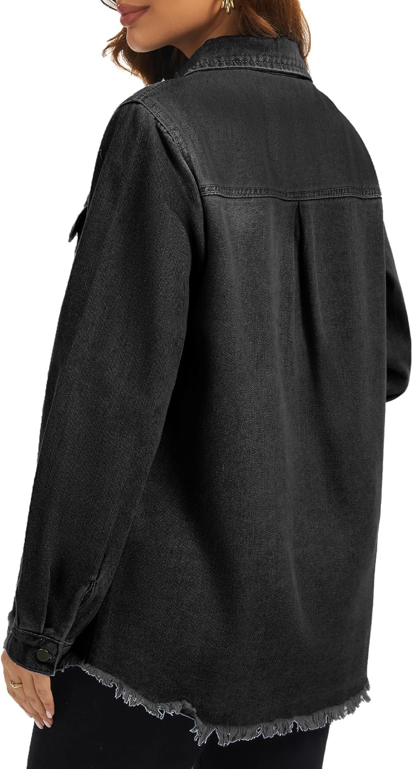 Bosmeer Women's Oversized Jean Jacket Casual Long Sleeve Denim Shirts Distressed Frayed Hem Denim Jackets Fall Outfits 2025 - Image 4