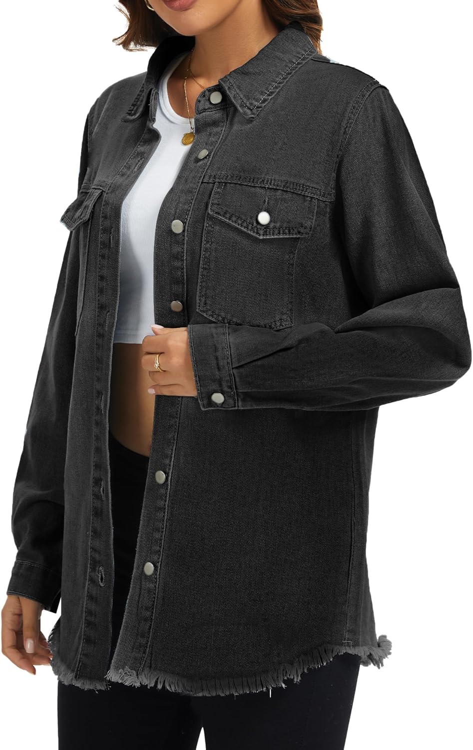 Bosmeer Women's Oversized Jean Jacket Casual Long Sleeve Denim Shirts Distressed Frayed Hem Denim Jackets Fall Outfits 2025 - Image 5