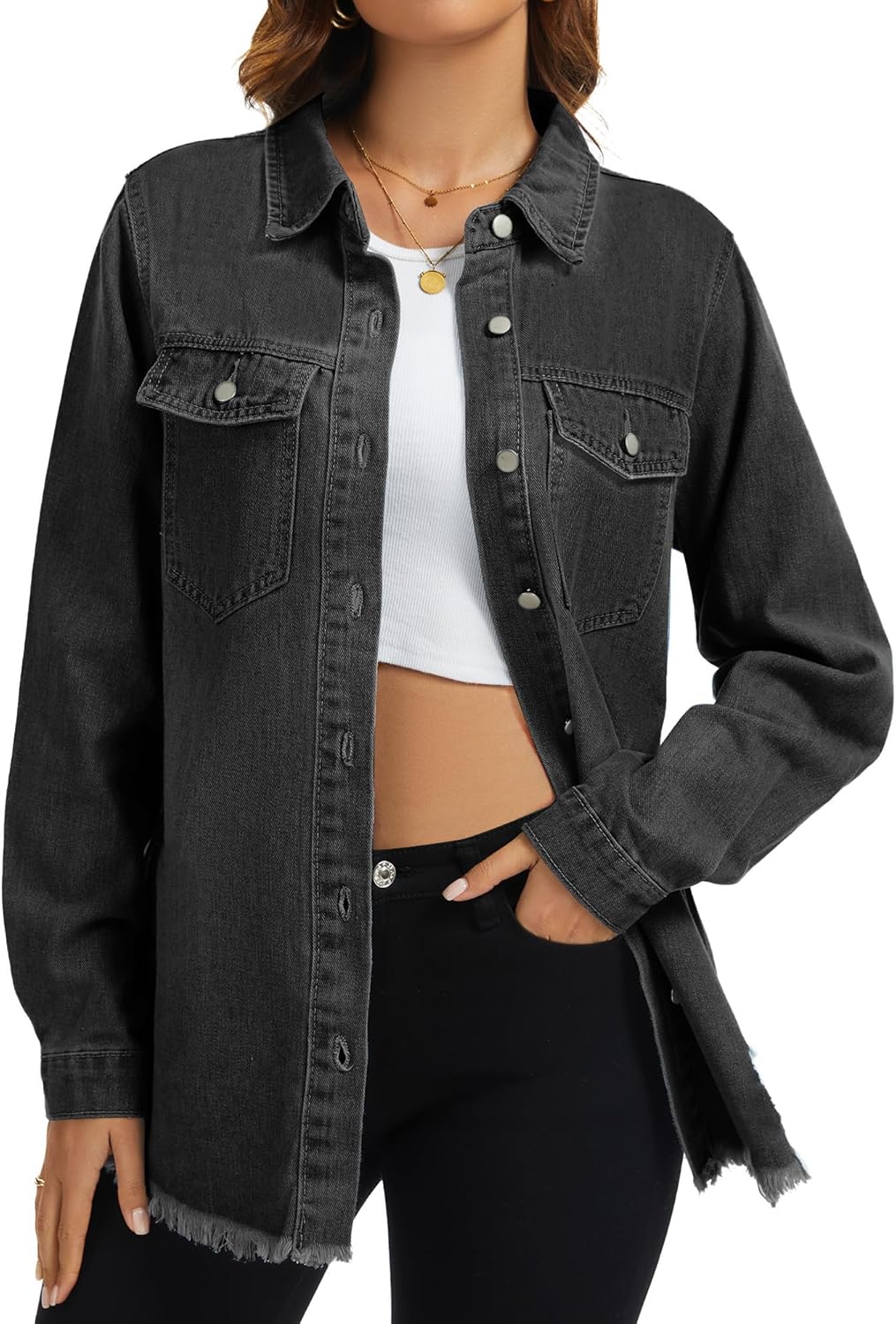 Bosmeer Women's Oversized Jean Jacket Casual Long Sleeve Denim Shirts Distressed Frayed Hem Denim Jackets Fall Outfits 2025 - Image 2