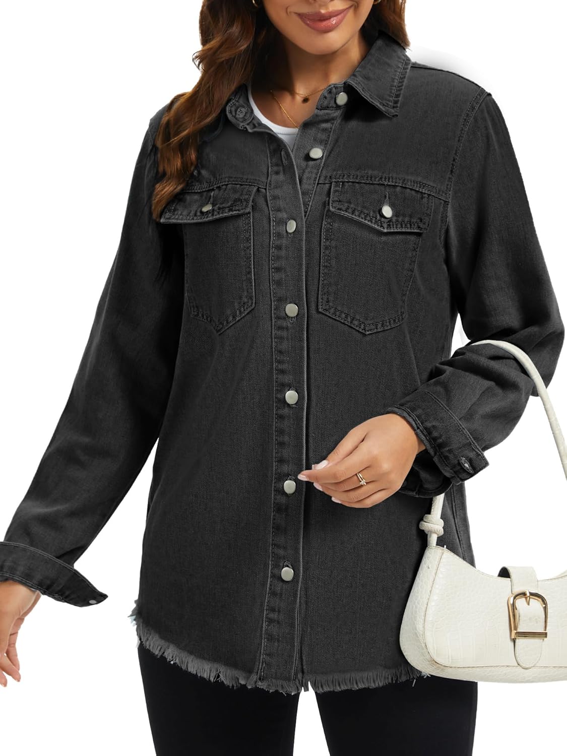 Bosmeer Women's Oversized Jean Jacket Casual Long Sleeve Denim Shirts Distressed Frayed Hem Denim Jackets Fall Outfits 2025 - Image 6