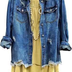 CHARTOU Women's Casual Distressed Long Sleeve Button Down Shirt Ripped Denim Jacket Jean Coat