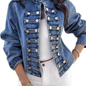 CHICME Denim Jacket for Women 2025 Button Up Stand Collar Jeans Jacket Casual Long Sleeve Lightweight Fall Coat