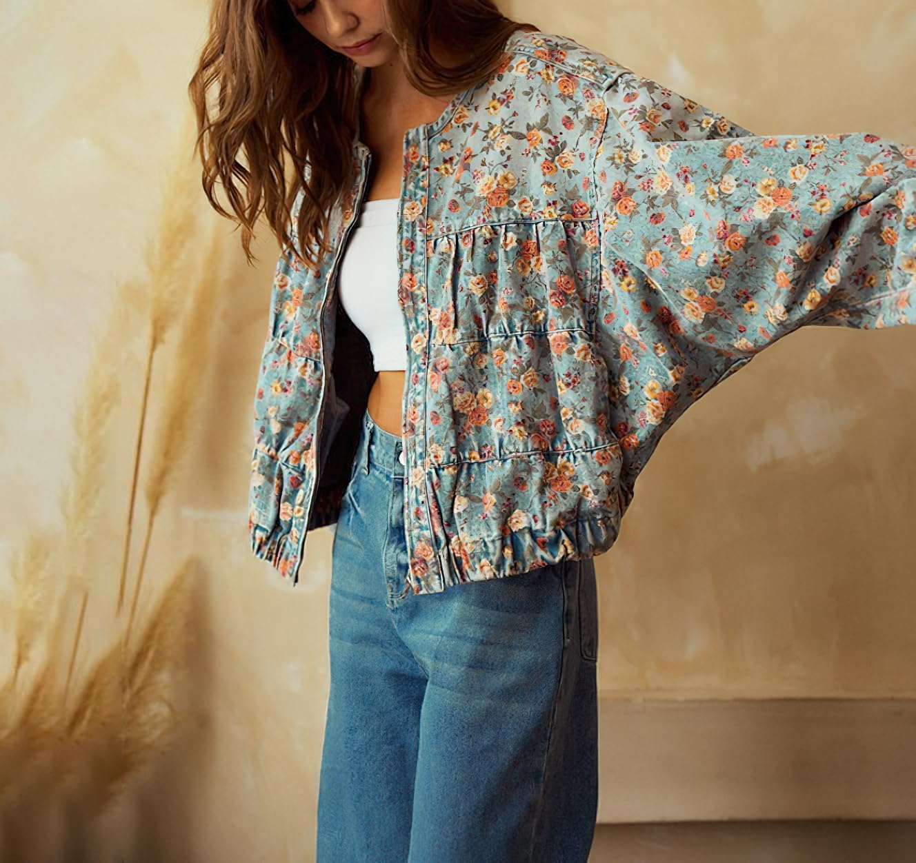 chouyatou Women's 2025 Fall Boyfriend Floral Denim Jacket Spring Y2K Casual Oversized Jean Bomber Jacket - Image 5