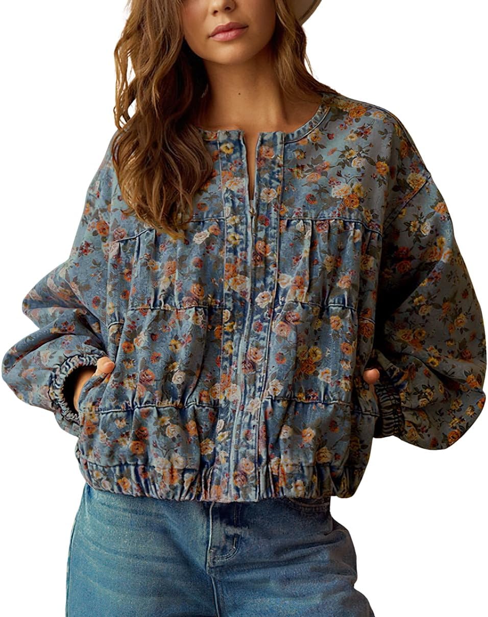 chouyatou Women's 2025 Fall Boyfriend Floral Denim Jacket Spring Y2K Casual Oversized Jean Bomber Jacket - Image 7
