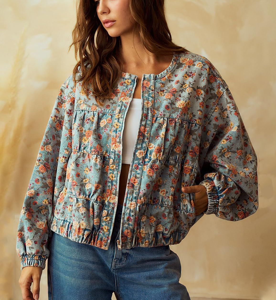 chouyatou Women's 2025 Fall Boyfriend Floral Denim Jacket Spring Y2K Casual Oversized Jean Bomber Jacket - Image 4