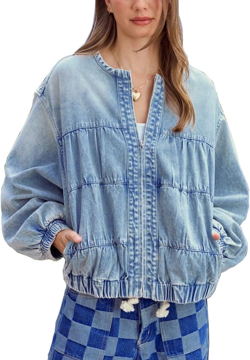 chouyatou Women's 2025 Fall Boyfriend Floral Denim Jacket Spring Y2K Casual Oversized Jean Bomber Jacket - Image 8