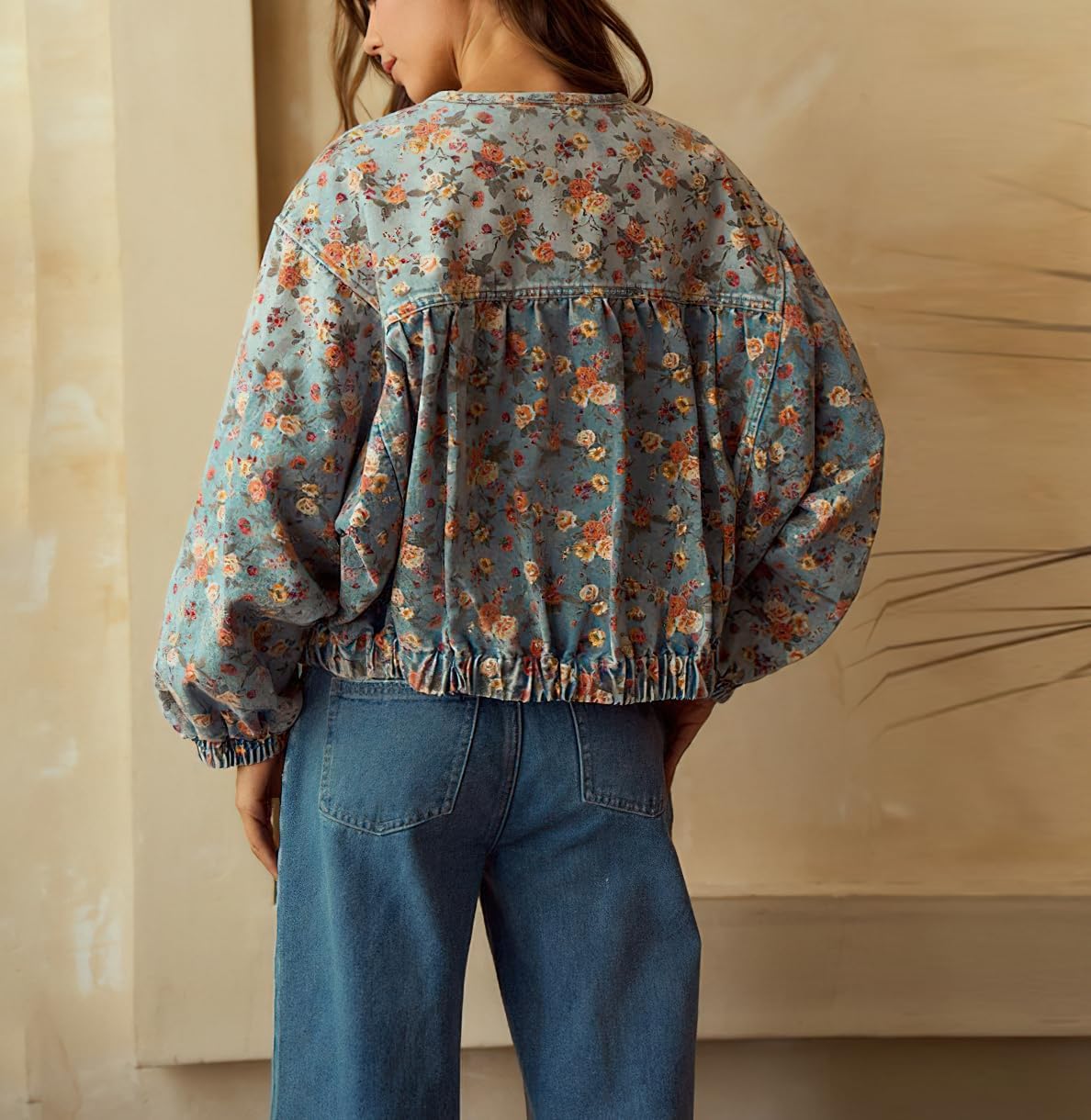 chouyatou Women's 2025 Fall Boyfriend Floral Denim Jacket Spring Y2K Casual Oversized Jean Bomber Jacket - Image 2