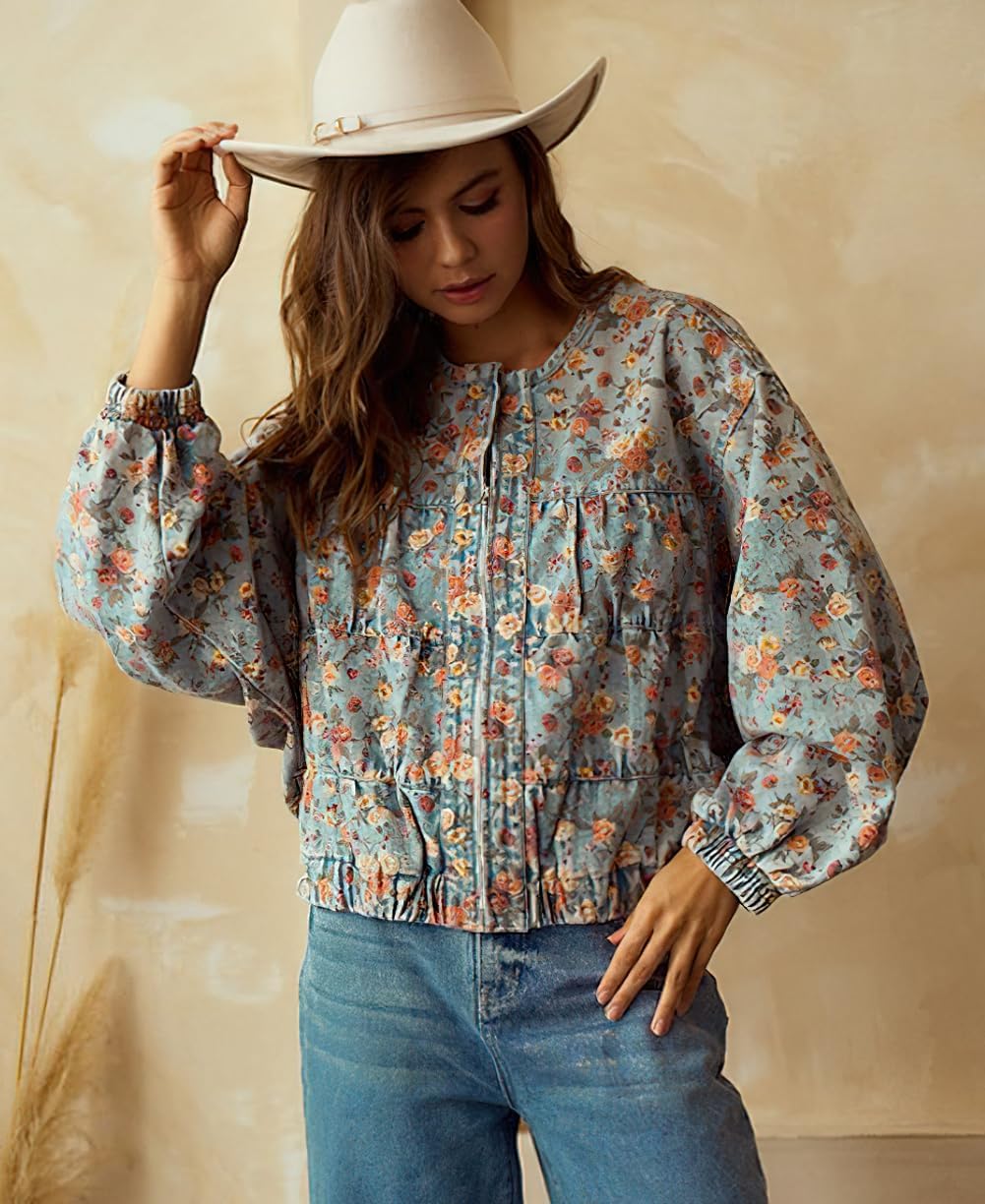 chouyatou Women's 2025 Fall Boyfriend Floral Denim Jacket Spring Y2K Casual Oversized Jean Bomber Jacket - Image 3