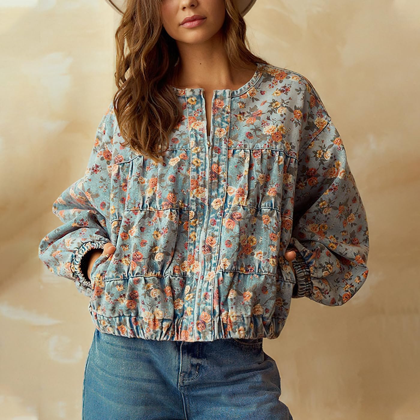 chouyatou Women's 2025 Fall Boyfriend Floral Denim Jacket Spring Y2K Casual Oversized Jean Bomber Jacket - Image 6