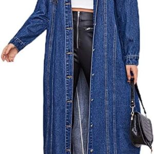 chouyatou Women's Fashion Spring Button Down Midi Long Denim Jean Jacket Trench Coat