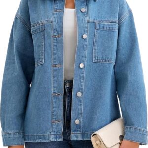 CIMUK Womens Denim Jacket Casual Long Sleeve Patch Pocket Boyfriend Oversized Jean Jackets