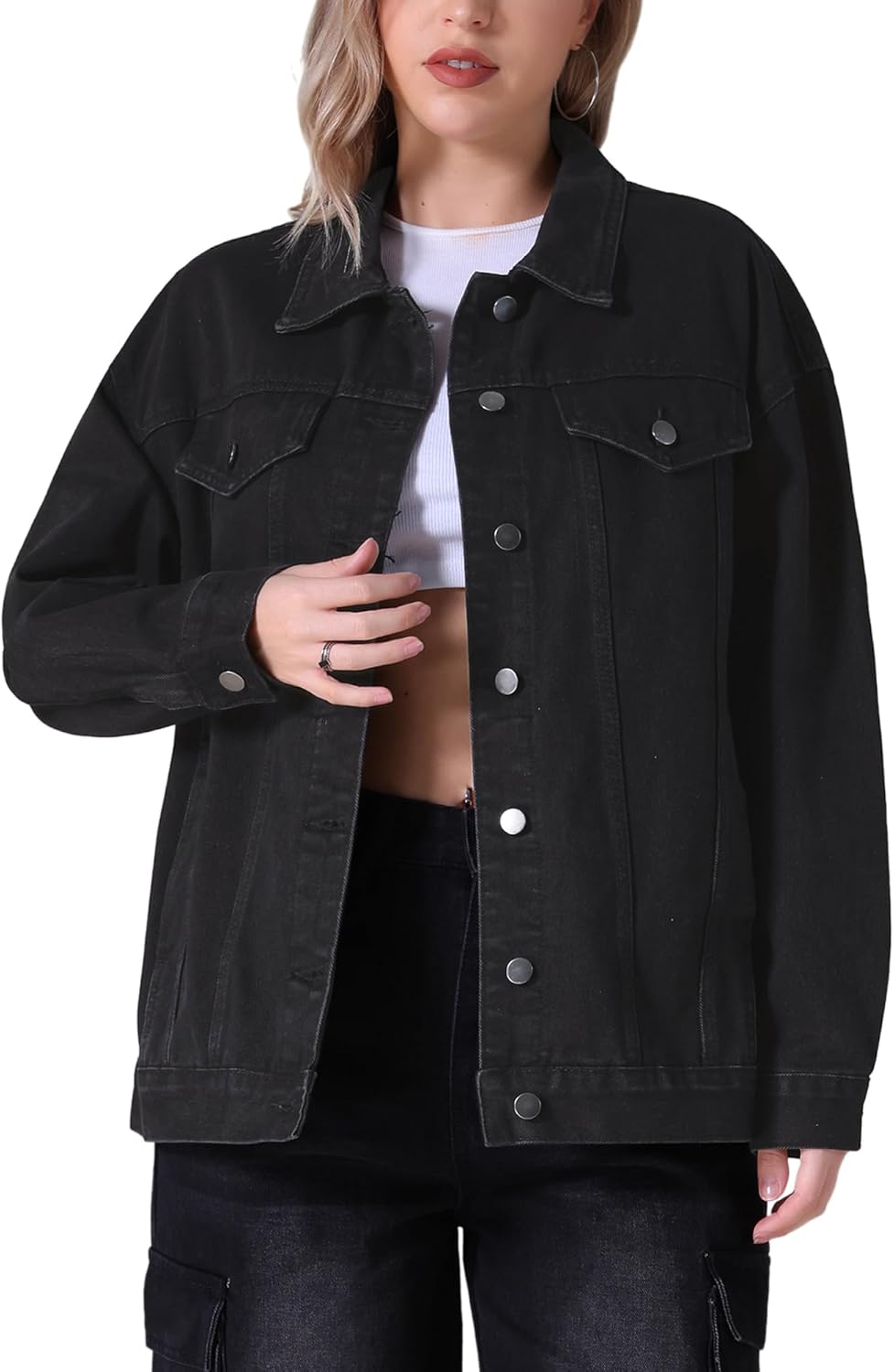 CIMUK Women's Denim Jackets Casual Oversized Pockets Long Sleeve Trendy Shacket Plus Size Jean Jacket