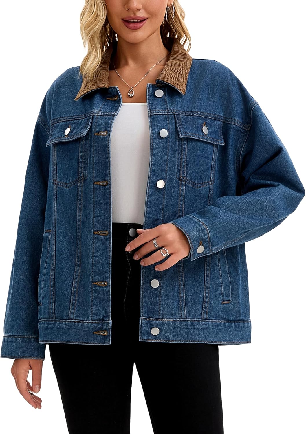 CIMUK Women's Jean Jacket Button Down Corduroy Collar Long Sleeve Western Shacket Denim Jackets