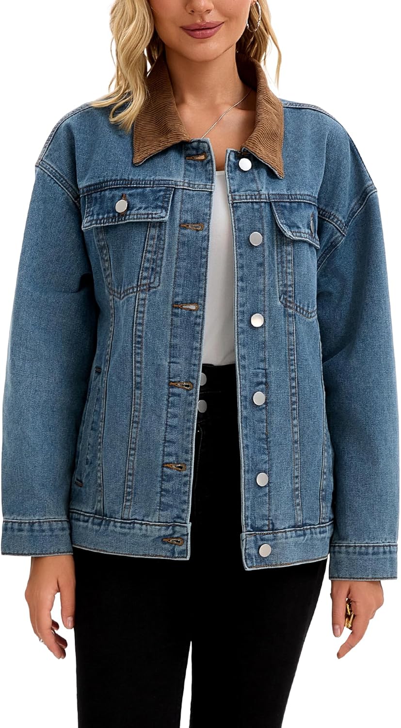CIMUK Women's Jean Jacket Button Down Corduroy Collar Long Sleeve Western Shacket Denim Jackets - Image 8