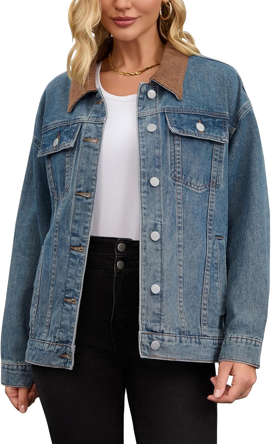 CIMUK Women's Jean Jacket Button Down Corduroy Collar Long Sleeve Western Shacket Denim Jackets - Image 7