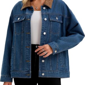 CIMUK Women's Jean Jacket Button Down Corduroy Collar Long Sleeve Western Shacket Denim Jackets