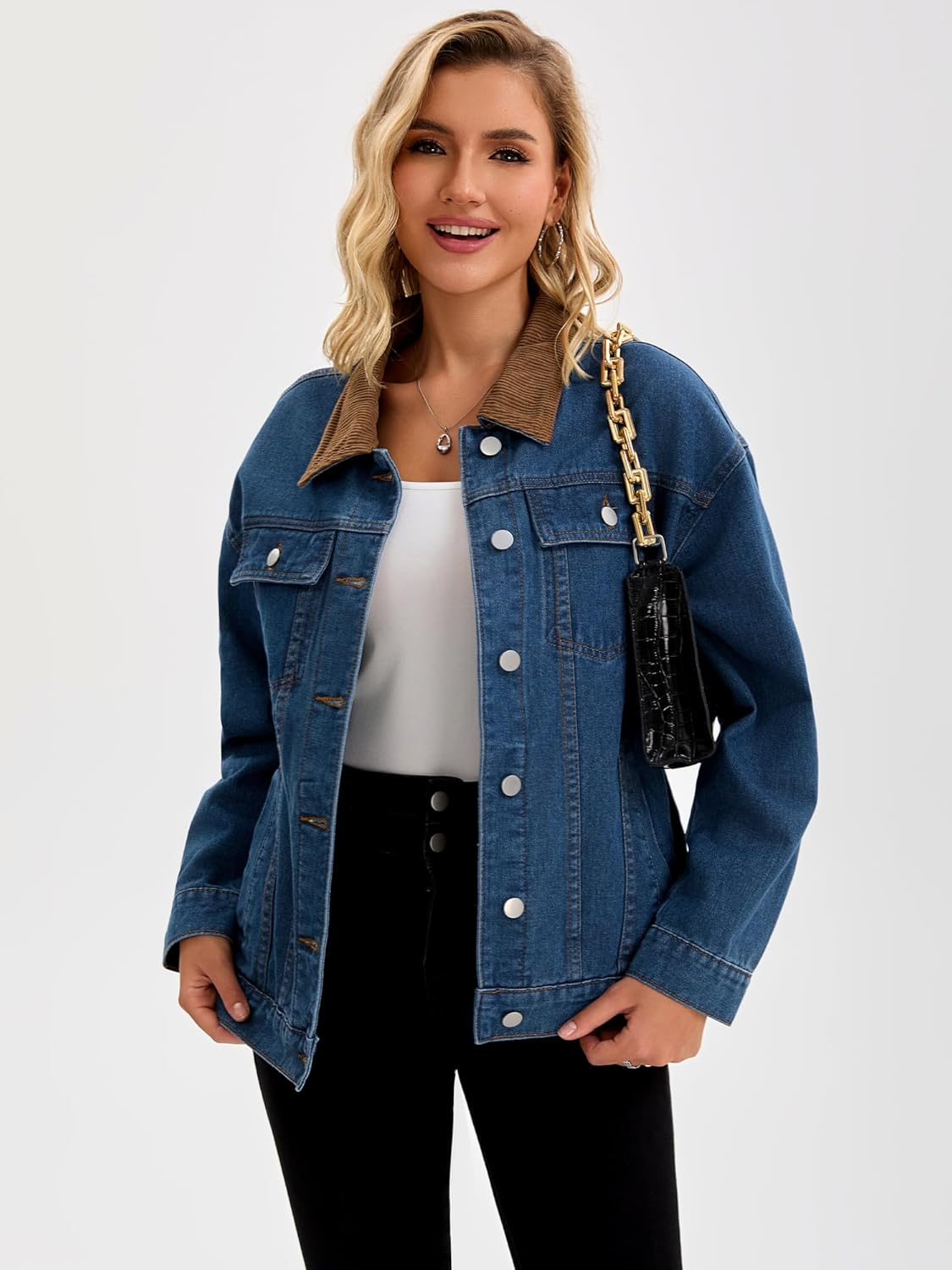 CIMUK Women's Jean Jacket Button Down Corduroy Collar Long Sleeve Western Shacket Denim Jackets - Image 2