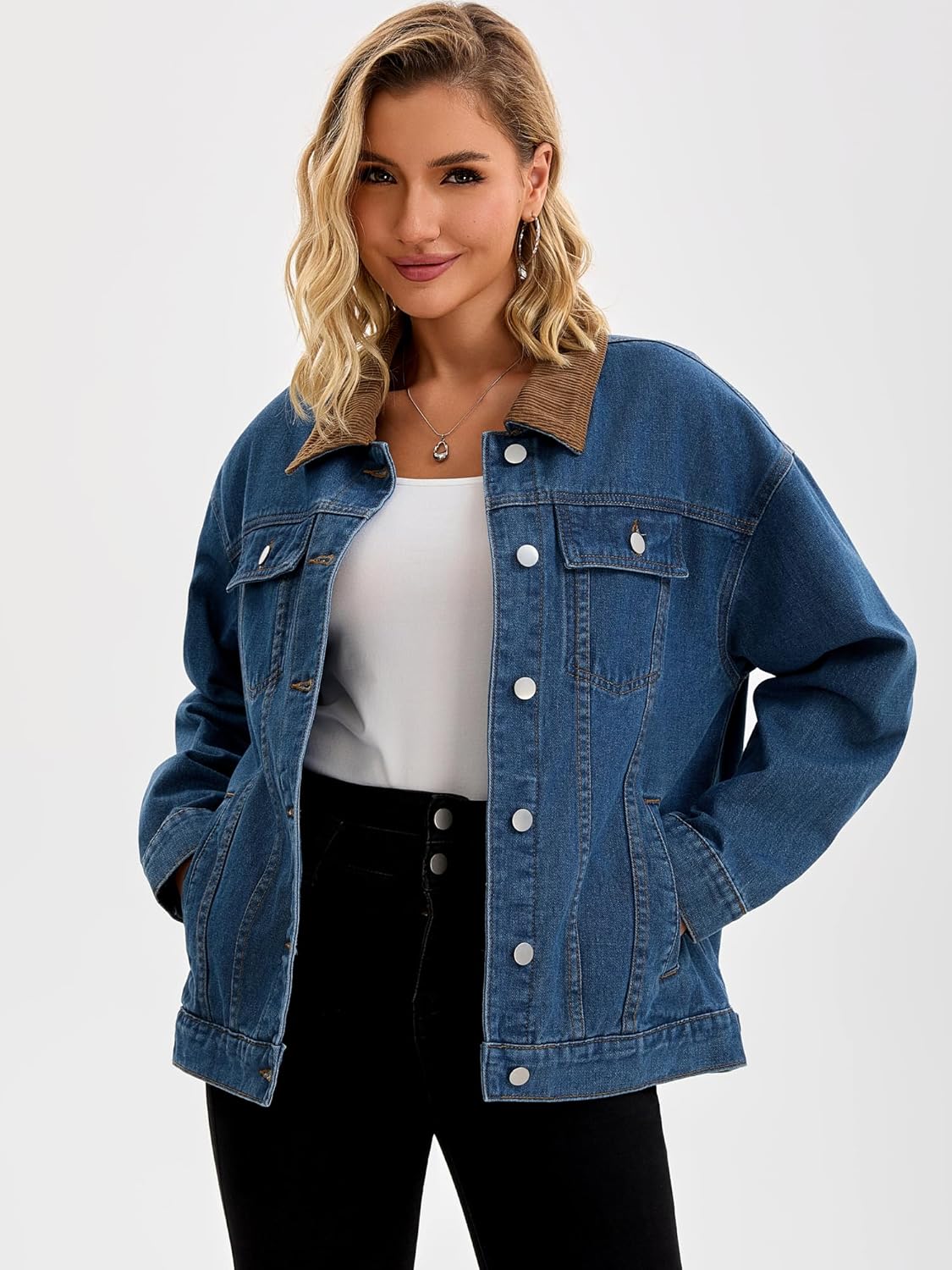 CIMUK Women's Jean Jacket Button Down Corduroy Collar Long Sleeve Western Shacket Denim Jackets - Image 6