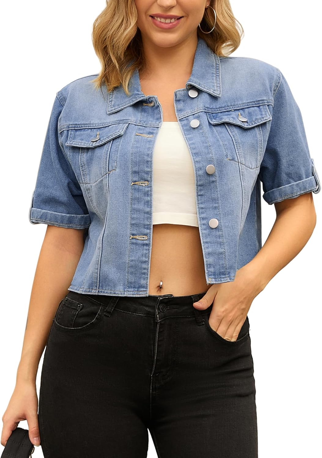 CIMUK Womens Short Sleeve Denim Jackets Collared Button Up Cropped Jean Jacket - Image 10
