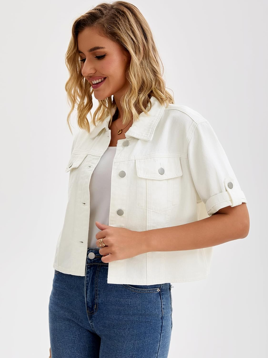 CIMUK Womens Short Sleeve Denim Jackets Collared Button Up Cropped Jean Jacket - Image 2