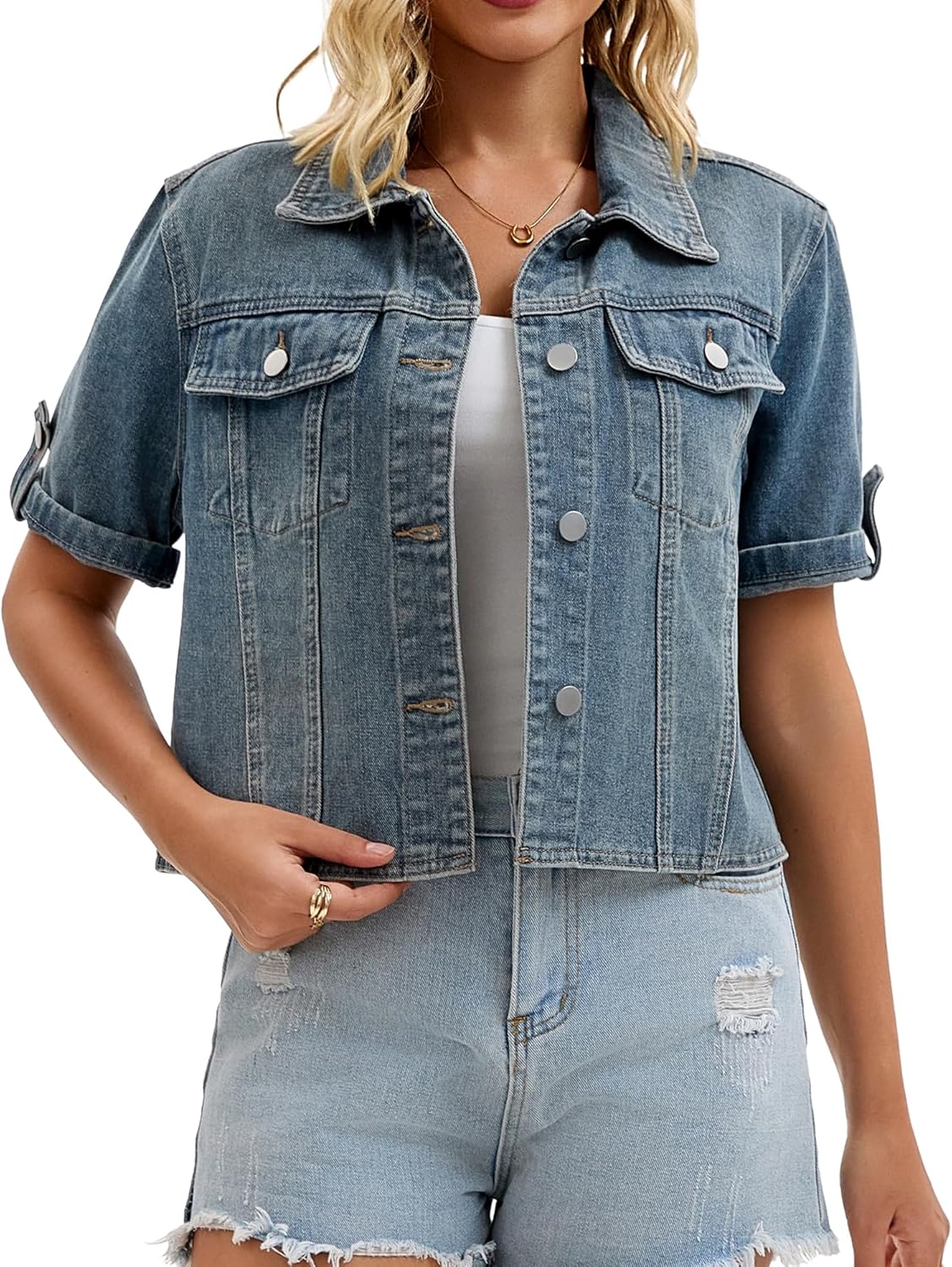 CIMUK Womens Short Sleeve Denim Jackets Collared Button Up Cropped Jean Jacket - Image 8