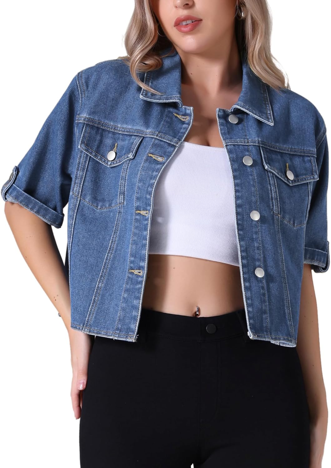 CIMUK Womens Short Sleeve Denim Jackets Collared Button Up Cropped Jean Jacket - Image 7